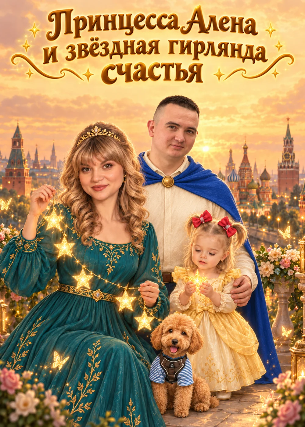 Обложка книги «Принцесса Алёна и звёздная гирлянда счастья» — Алёна с семьёй